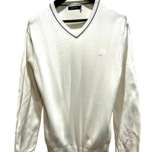 Nautica White Pinstripe V-Neck Sweater Large
